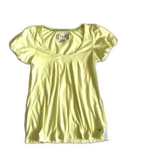 Y2k American Eagle AEO Womens Tee Shirt SZ S Short Sleeve Pleated Front Lime EUC
